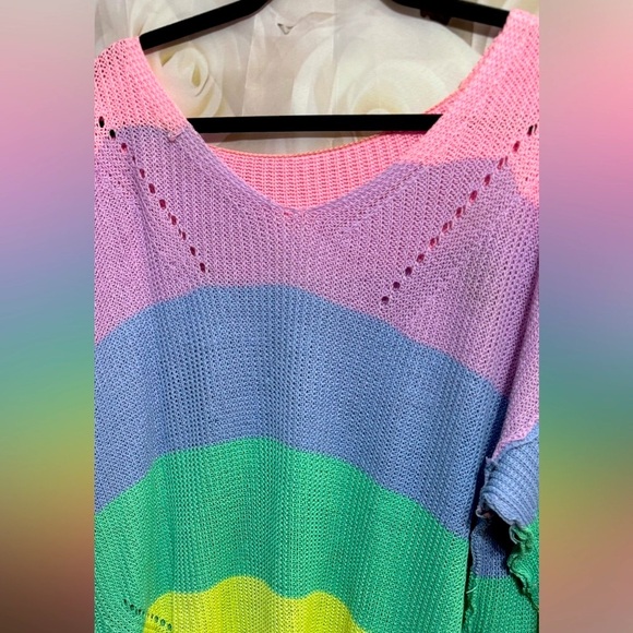 V-Neck Off The Shoulder Sweater Pastel Color Block  Oversized Knit Pullover L - Picture 11 of 11